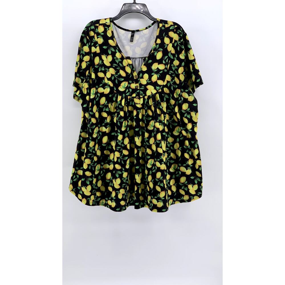 ALLEGRACE Women's Plus Black-Yellow Lemon Printed Short Sleeve Top SZ 3X